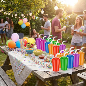 Zubebe neon cups lids and straws assembly demonstrates quick setup and secure fit.