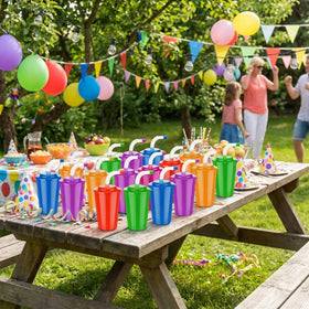 Zubebe neon cups are durable 12oz options for reusable party favors.