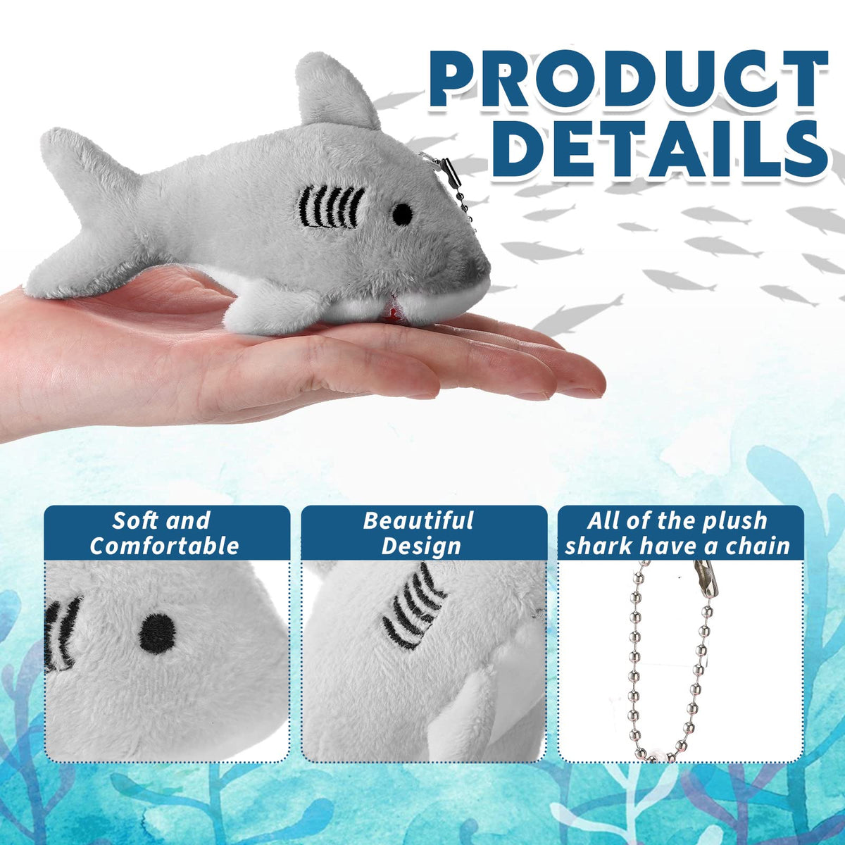 Zubebe shark keychain gray durable plush clip for backpacks.