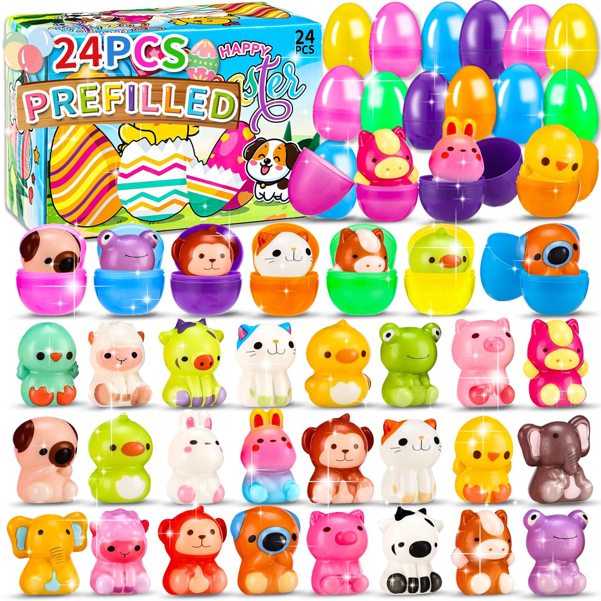 Zunaco 24-pcs prefilled Easter eggs with animal squishy toys inside, ready for hunts