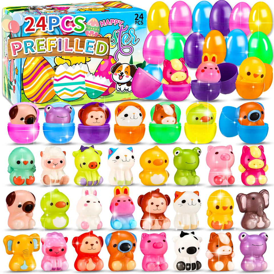 Zunaco 24-pcs prefilled Easter eggs with animal squishy toys inside, ready for hunts