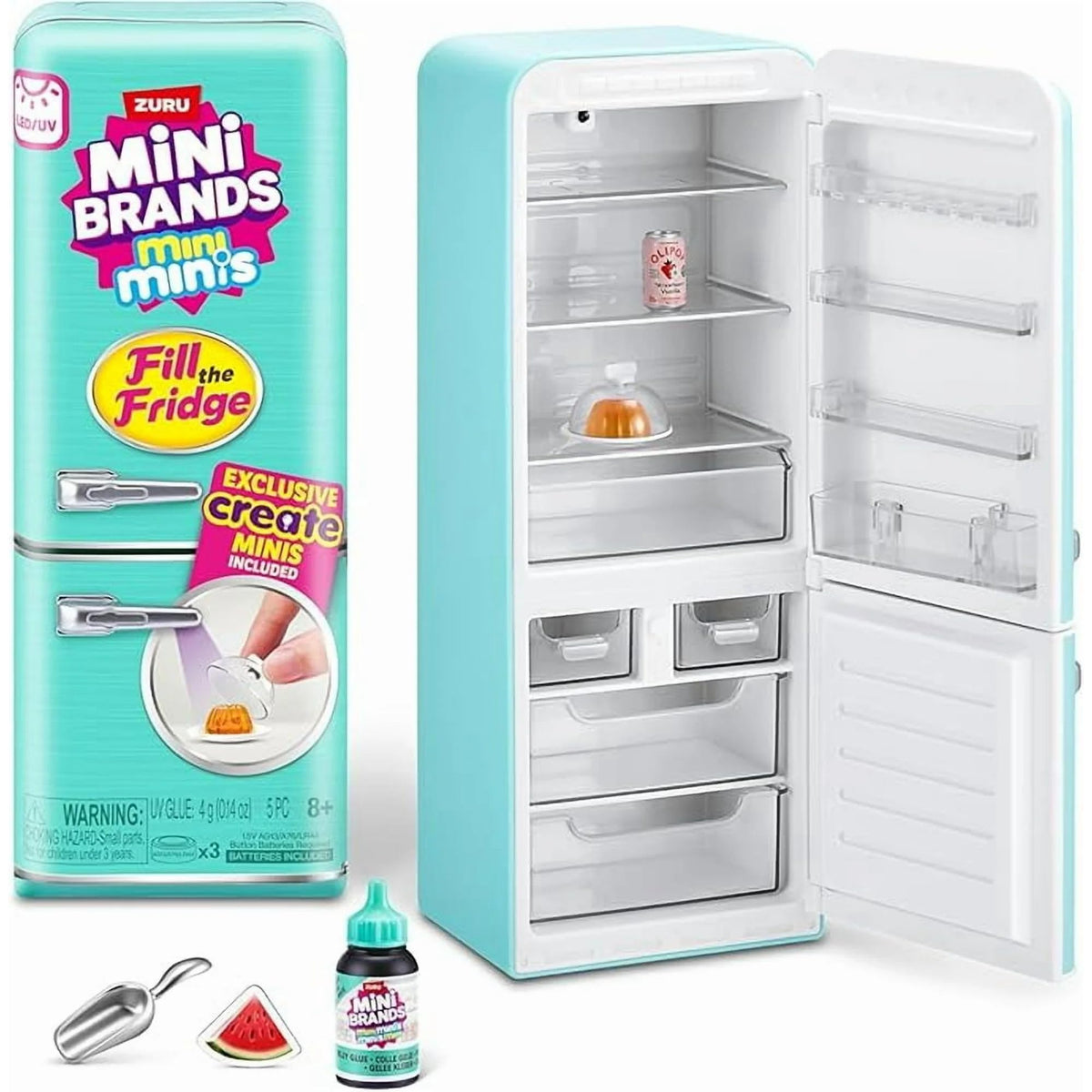 ZURU Mini Brands Fridge with open door reveals tiny brand replicas.