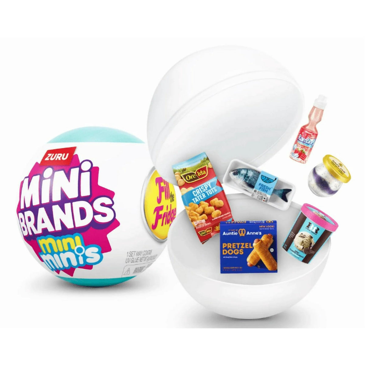 ZURU Mini Brands miniatures displayed on a shelf for collection.