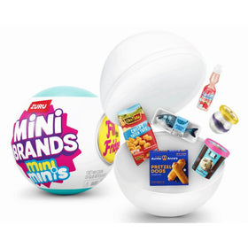 ZURU Mini Brands miniatures displayed on a shelf for collection.