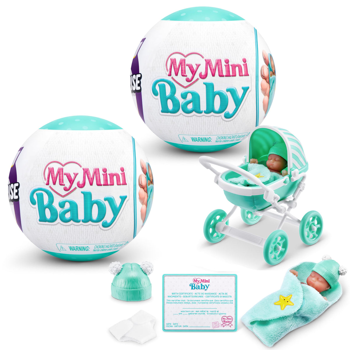 ZURU MY MINI Baby Series 1 unboxing scene showing five surprises for a tiny nursery.