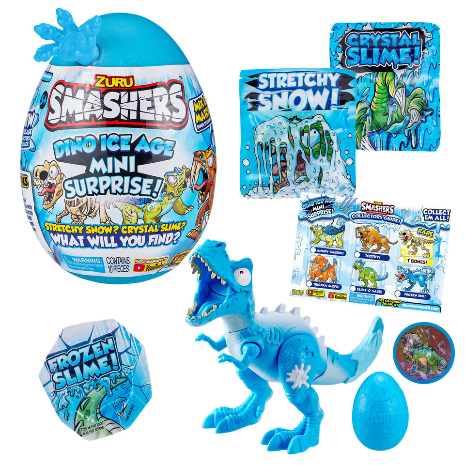 ZURU Smashers Dino Ice Age mini surprise egg packaging shows a collectible starter kit.