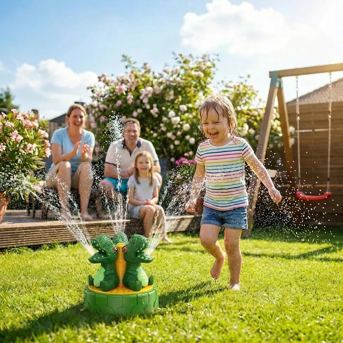 Toddler-friendly dinosaur sprinkler encouraging playful outdoor time