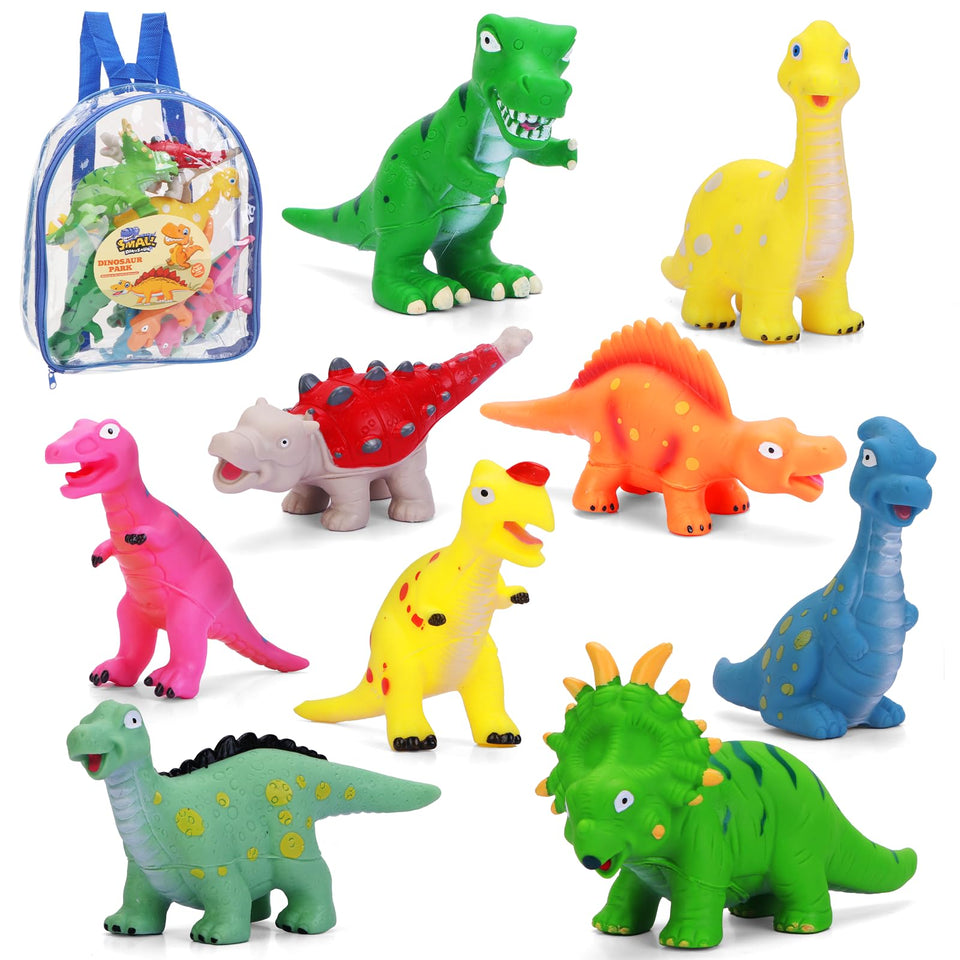 ZZLWAN 9-piece dinosaur toy set in front view, soft rubber for safe toddler play.