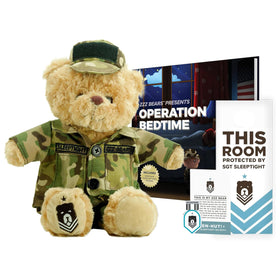 ZZZ Bears SGT Sleeptight teddy in army uniform provides calming bedtime comfort.